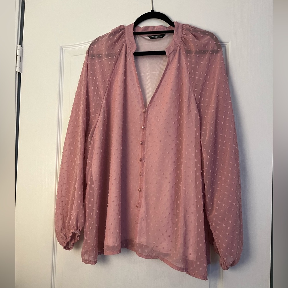 Pink Button-Up Blouse with Sheer Shoulder and Sleeves - Never Worn - Women's